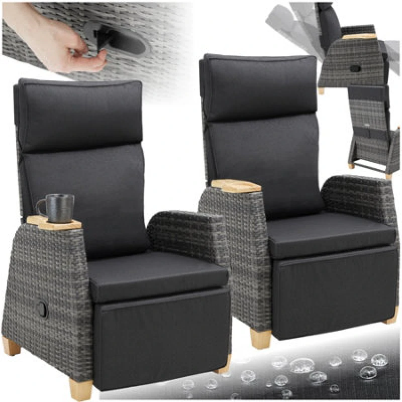 Image of Tectake Garden Chair Pescara - Reclining, Adjustable Backrest & Footrest, Thick Padding - Grey - Set Of 2