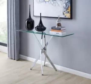 Image of Leonardo Rectangular Glass Console Table with Metal Angled Starburst Legs for Modern Living Room