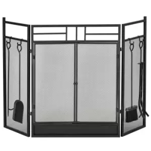 Image of 3 Panel Folding Fire Screen with Double Door Fireplace Tool