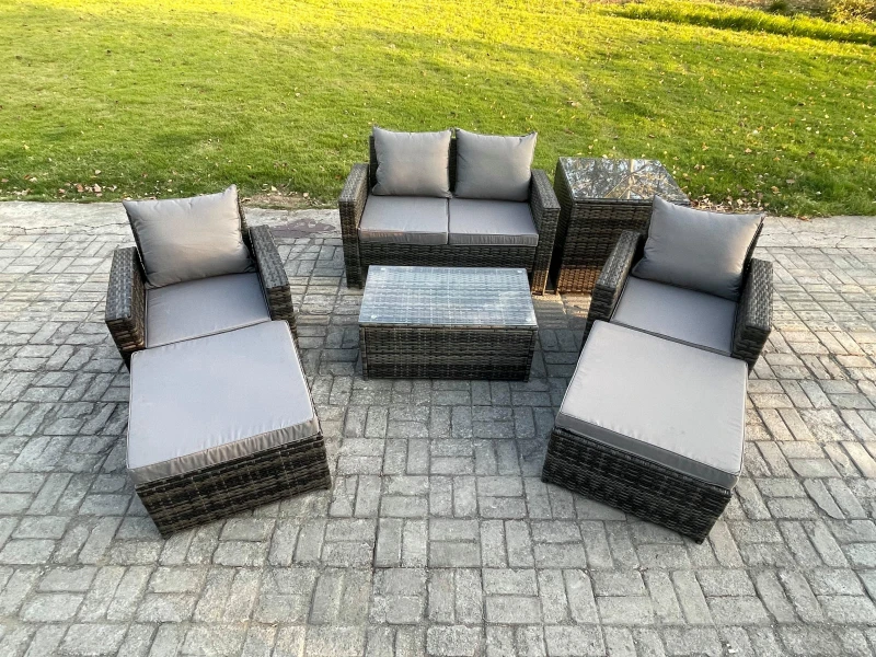 Image of Fimous 6 Seater Dark Grey Outdoor Rattan Garden Furniture Set Patio Lounge Sofa Rectangular Coffee Table with 2 Big Footstool Dark Grey Unisex