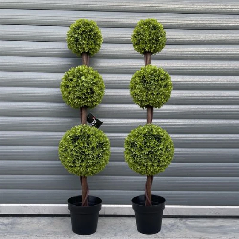 Image of Leaf 120cm Pair of Green Triple Ball Topiary Trees Green