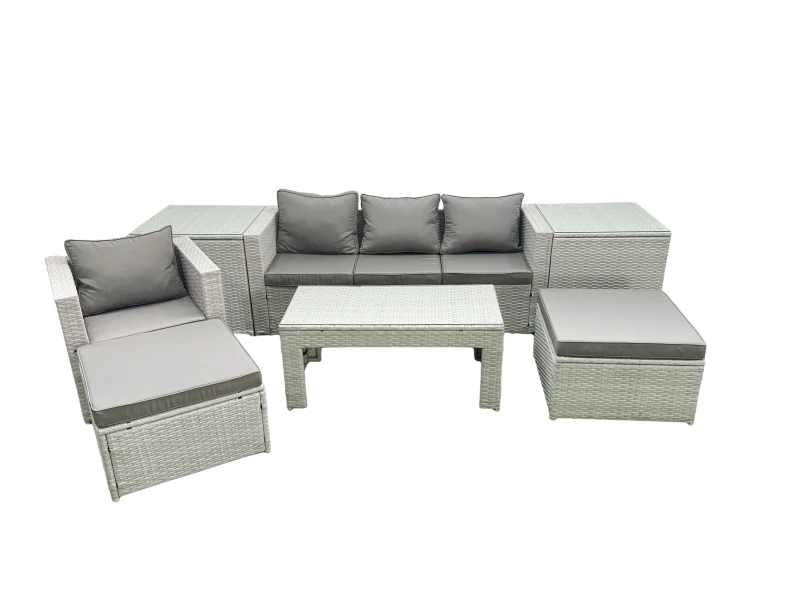Image of Fimous Outdoor Rattan Garden Furniture Set with Grey Cushions Luxury 6 Seater with 2 Big Footstools and Coffee Table,2 Side Tables For Conservatory,Pa