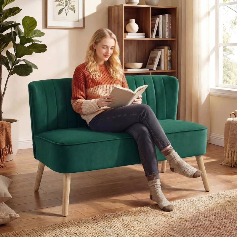 Image of HOMCOM 46" Loveseat Sofa 2 Seater Sofa with Padded Seat, Dark Green Dark Green Unisex 2 Seater