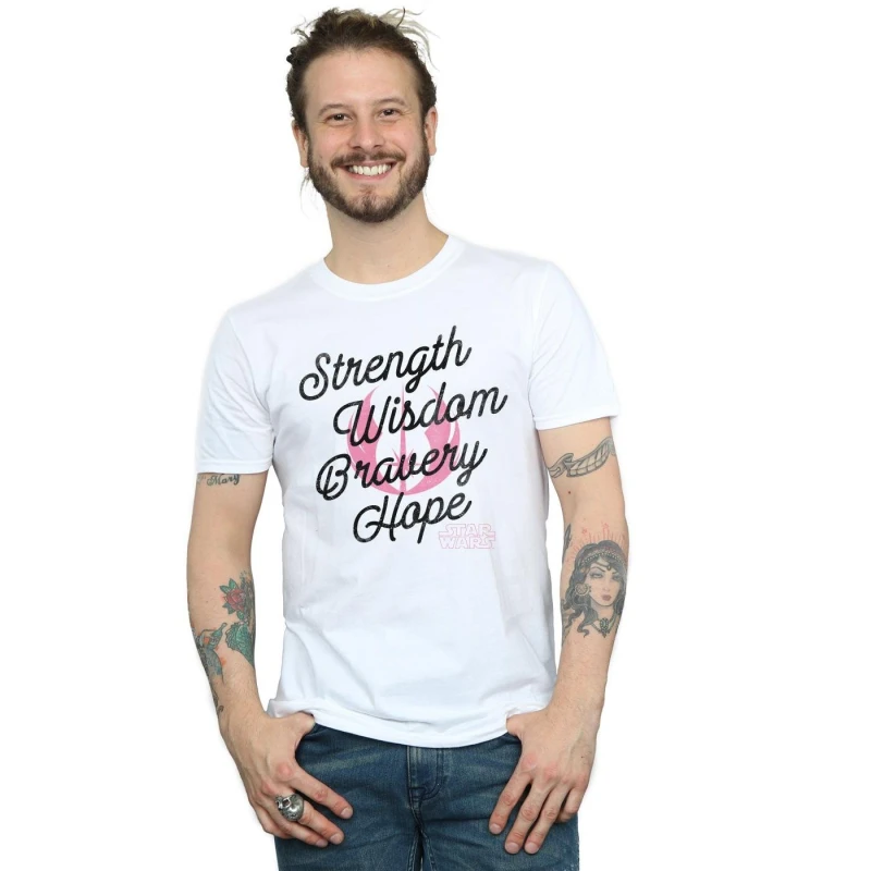 Image of Disney Men Star Wars The Rise Of Skywalker Strength Wisdom Bravery Hope T-Shirt in White Size: Small White S Male 5059400164251