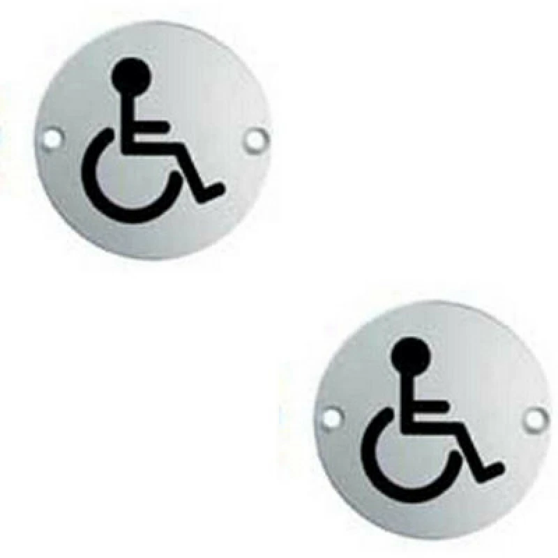 Image of Loops 2x Bathroom Door Disabled Symbol Sign 64mm Fixing Centres 76mm Dia Steel Metallics