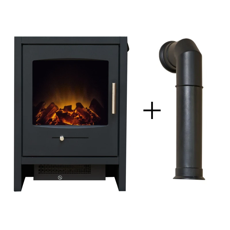 Image of Adam Fires & Fireplaces Adam Bergen Electric Stove in Charcoal Grey with Tall Angled Stove Pipe in Black Grey