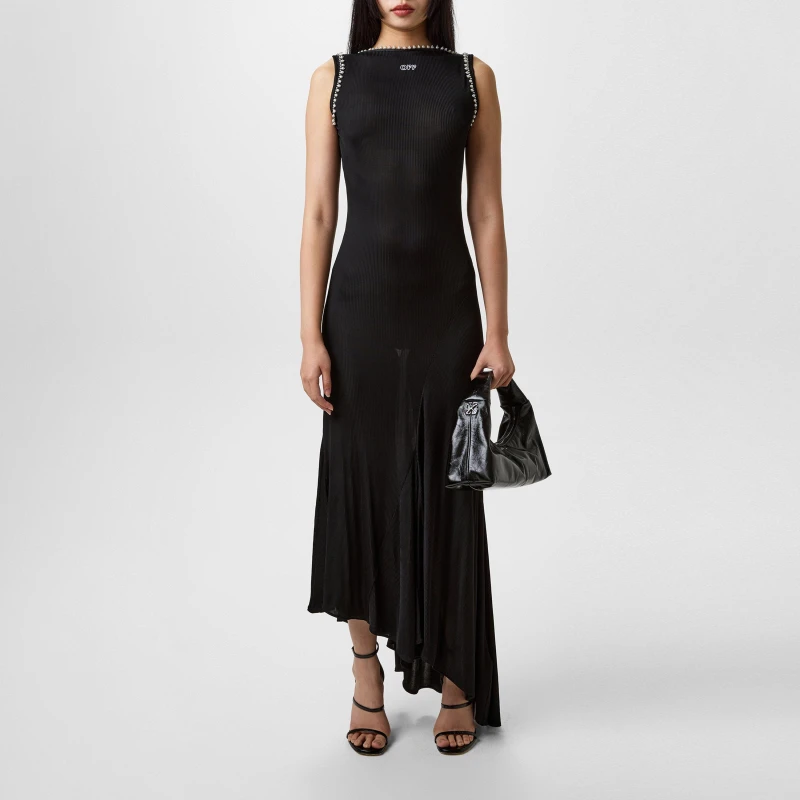 Image of Off White Womens Ribbed Semi-Sheer Backless Viscose Maxi Dress Black female 4 (3XS)