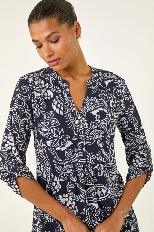 Image of Roman Womens Abstract Print Buttoned Tunic Top in Navy Size: 10 Navy Female 10
