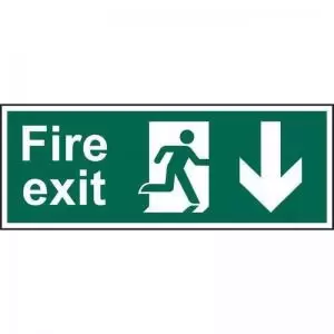 Image of Self-Adhesive Vinyl Fire Exit Man Arrow Down sign 600 x 200mm. Easy to