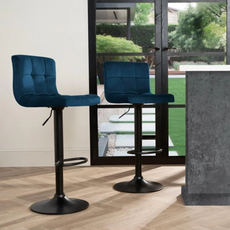 Image of OHS OHS Adjustable Bar Stools x 2 Velvet Swivel Pub Seat Kitchen Breakfast Counter Chair in Dark Navy Dark Navy One Size Unisex 5027434212897