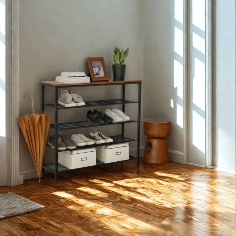 Image of Pirlo Plush 5 Tier Industrial Shoe Rack Hallway Storage Organiser in Brown Brown Unisex