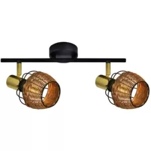 Image of Zumaline Copa Twin Ceiling Spotlight, Black, Gold, Rattan, 2x E14