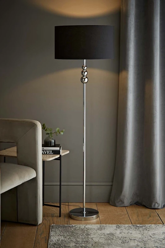 Image of ValueLights Marissa Fabric Drum Shade with Chrome Stacked Ball Floor Lamp Black