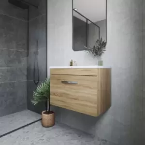 Image of Nuie - Athena Wall Hung 1-Drawer Vanity Unit with Sparkling White Worktop 600mm Wide - Natural Oak