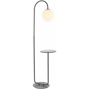 Image of Satin Black Floor Lamp with Side Table - 1750mm Height - Opal Sphere Glass Shade