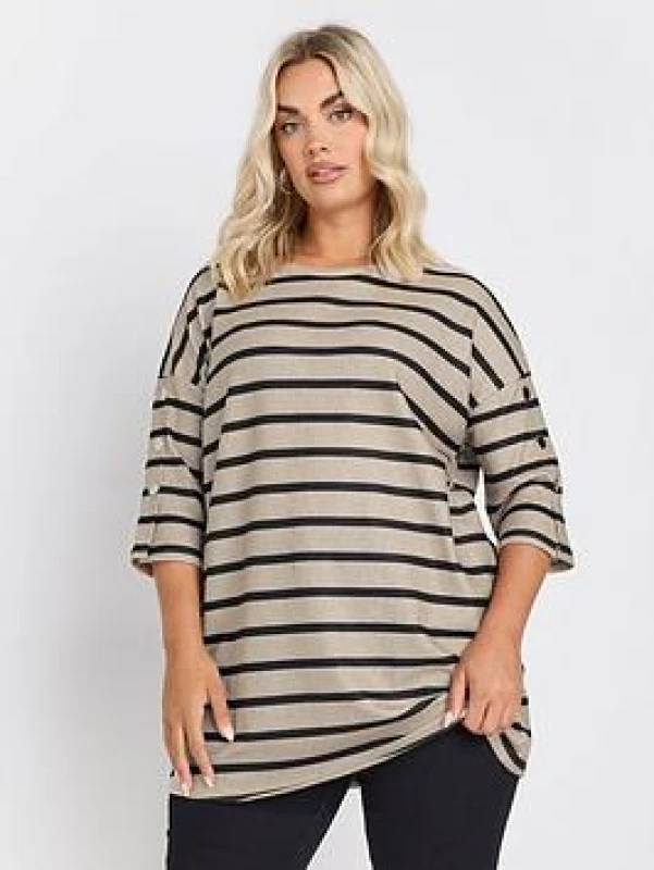 Image of Yours Womens Striped Button Sleeve Top in Natural Size: 20 Natural Female 20