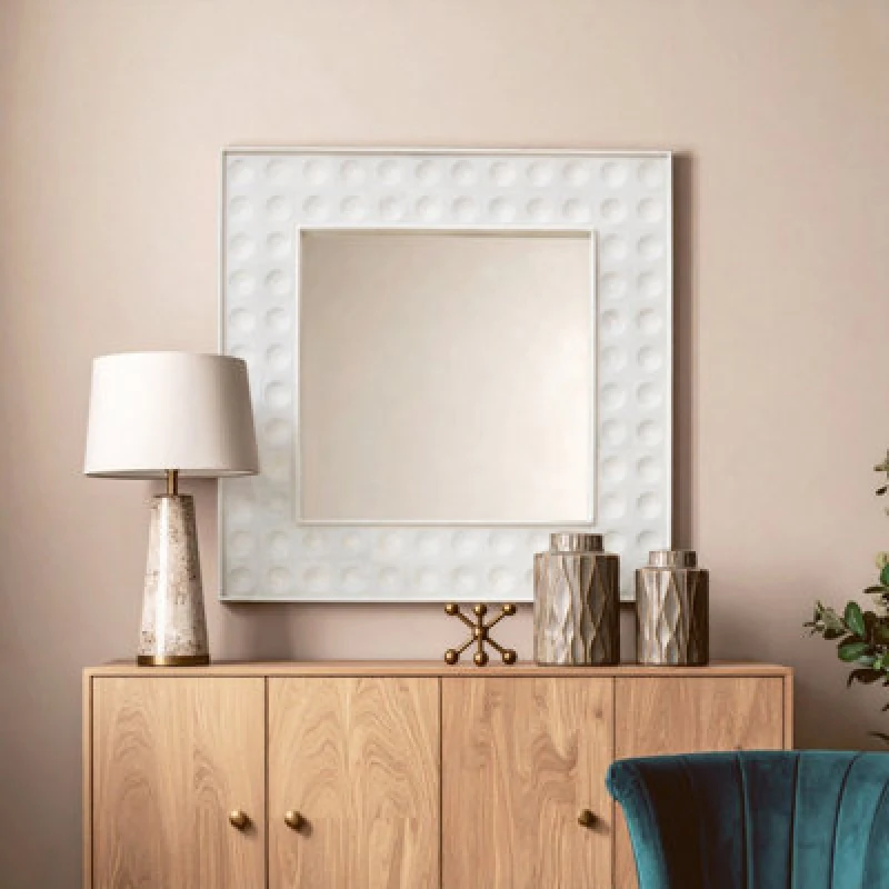 Image of Orsina White Square Wall Mirror, Weathered Mango Wood Frame With Dimpled Texture, Sustainable Accent Mirror
