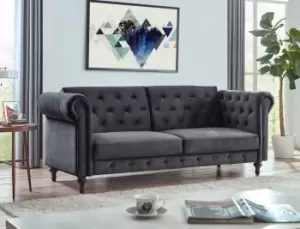 Image of Calgary Velvet Sofa Bed Chesterfield Design With Scroll Armrests and Wooden Legs