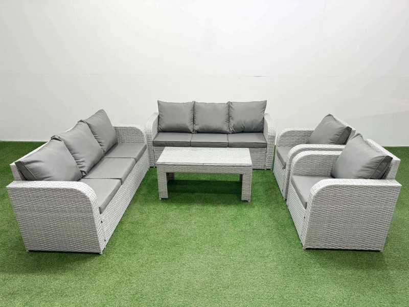 Image of Fimous PE Rattan High Back Lounge Sofa Set Patio Oblong Coffee Table & Chairs Set with 3 Seater Sofa Reclining Chair Light Grey Light Grey