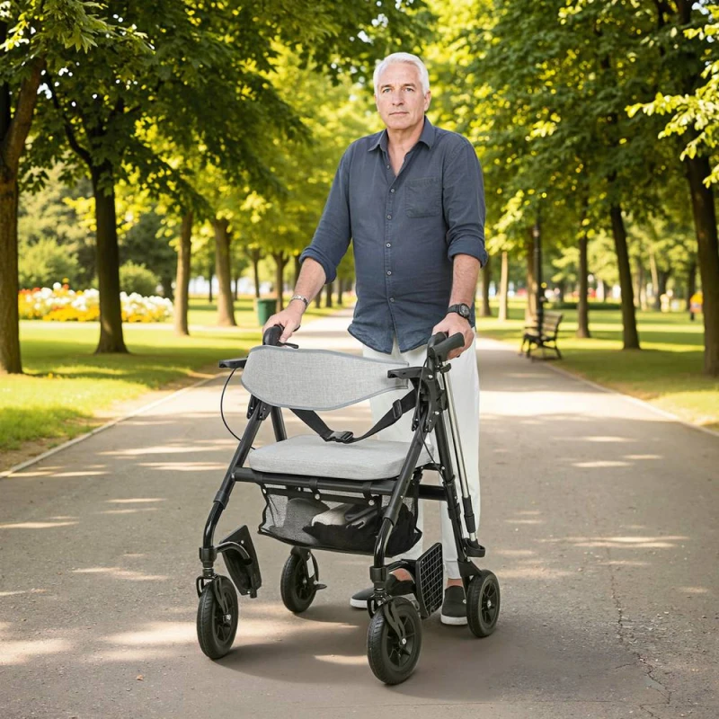 Image of HOMCOM 2-in-1 Mobility Walker with Seat, Foldable Rollator with Footrests in Grey Grey Unisex