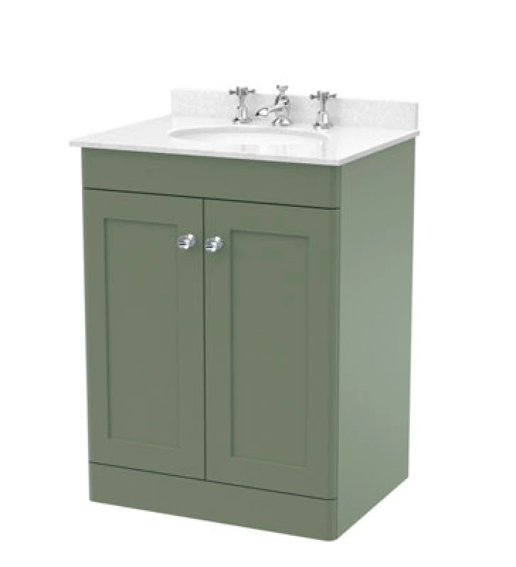 Image of Nuie Classique Floor Standing 2 Door Vanity Unit & 3 Tap Hole Marble Top With White Oval Basin