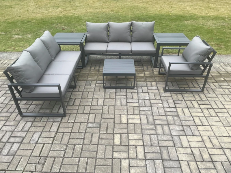 Image of Fimous Aluminium 7 Seater Outdoor Garden Furniture Lounge Sofa Set with Square Coffee Table Chair 2 Side Table Dark Grey Dark Grey Unisex
