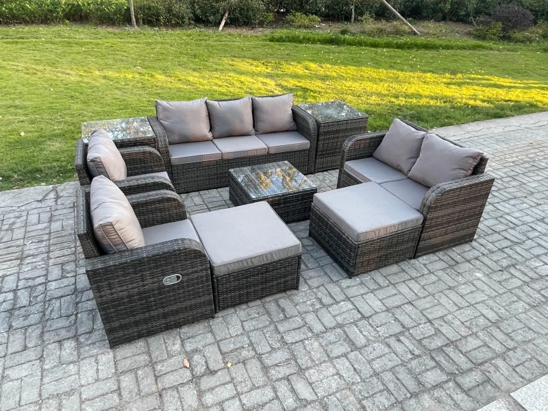 Image of Fimous Rattan Garden Furniture 9 Piece Patio Set Table Sofa Chairs With 2 Big Footstool 2 Side Tables Dark Grey