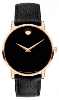 Image of Movado Mens Museum Black Leather Strap Gold Plated Case Watch