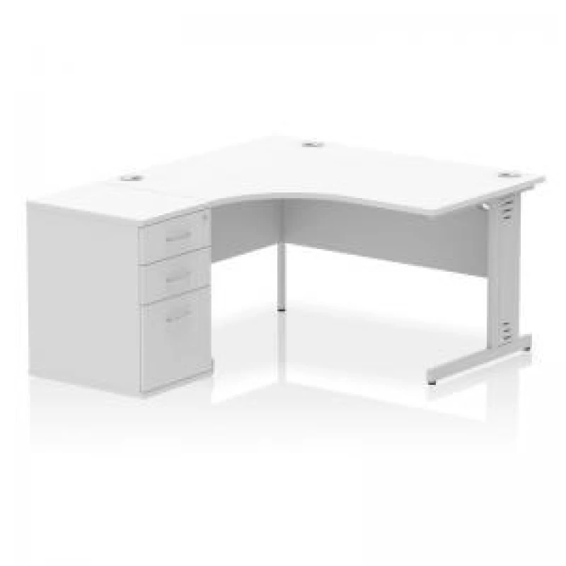 Image of Impulse Impulse 1400mm Left Crescent Office Desk White Top Cable Managed Leg Workstation 600 Deep Desk High Pedestal IWSLW146WHT