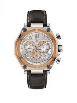 Image of Gc 3 Sport Silver Case Rose Gold Bezel Silver Dial With Brown Leather Strap