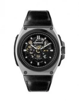 Image of Ingersoll Ingersoll The Motion Black And Silver Detail Skeleton Automatic Dial Black Leather Strap Watch