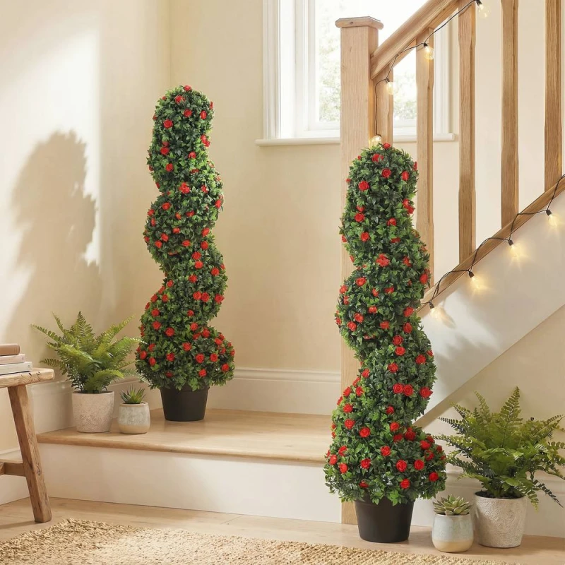 Image of HOMCOM Artificial Rose Spiral Topiary Tree for Indoor Outdoor, Set of 2 in Red Red Unisex