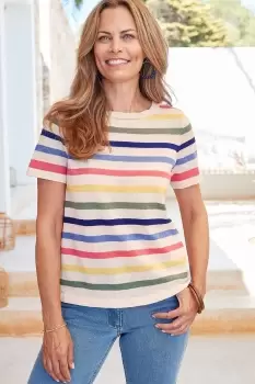 Image of Viscose-Linen Stripe Short Sleeve Knitted Top