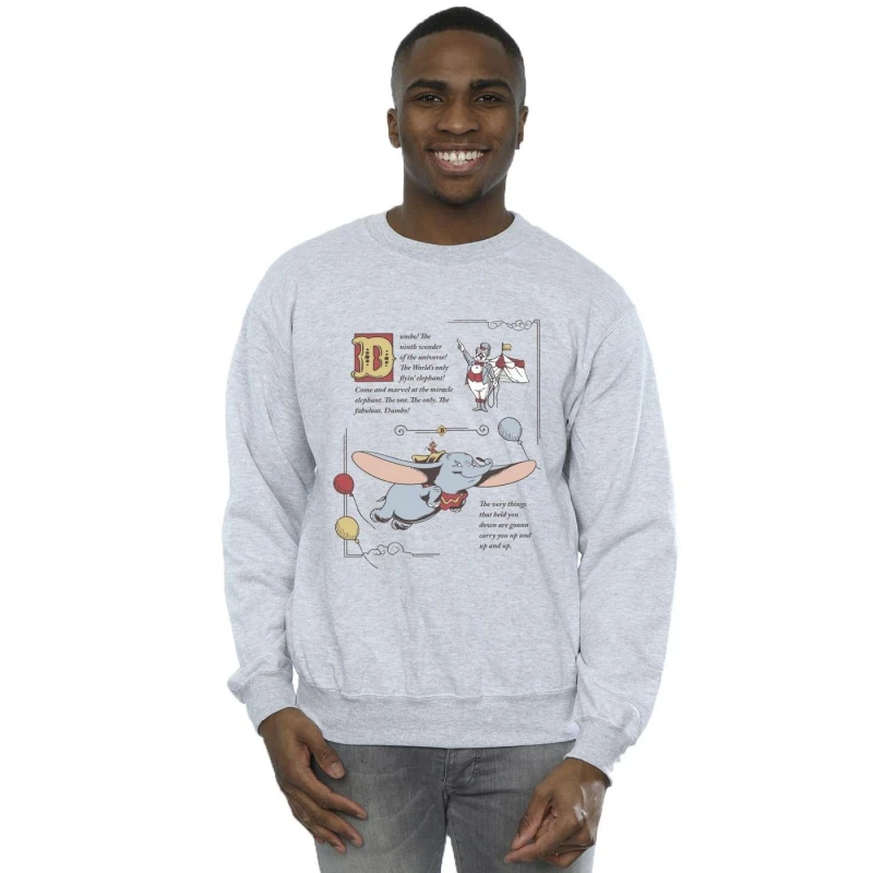 Image of Disney Men Dumbo Story Book Page Sweatshirt in Grey Size: Small Grey S Male 5063153500853