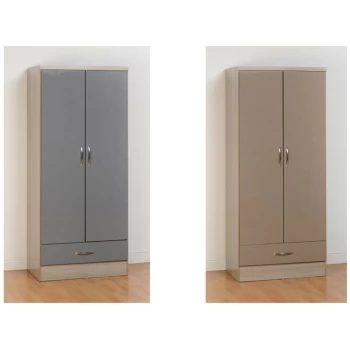 Image of Nevada Oak and Grey Gloss 2 Door 1 Drawer Wardrobe - Seconique