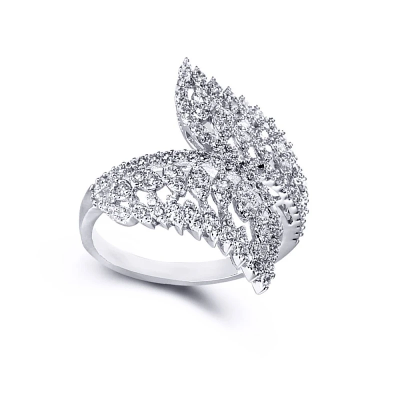 Image of Jewelco London Sterling Silver CZ Crossover Angel Wing Feathers Dress Ring - ARN147 Silver