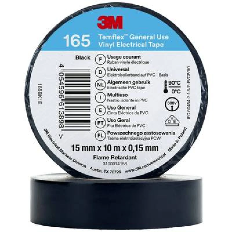 Image of 3M 3M Temflex 165 165BK1E Electrical tape Temflex 165 Black (L x W) 10 m x 15mm 165BK1E