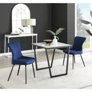 Image of Furniturebox Carson White Marble Effect Square Dining Table & 2 Blue Nora Black Leg Velvet Chairs
