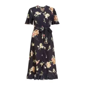 Image of Mela London Navy Floral Dip Hem Wrap Midi Dress - Blue
