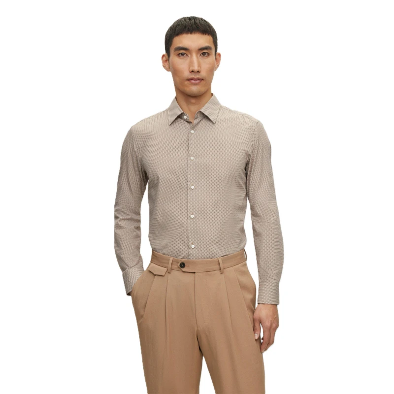 Image of Boss Mens Hays Kent Long Sleeve Plain Shirt Beige male 15 inch