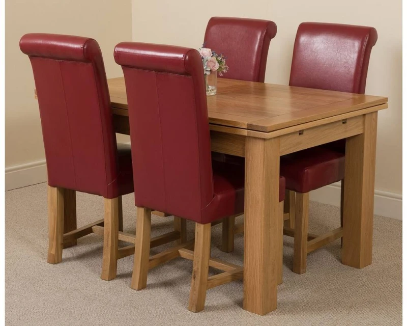 Image of Thats Furniture Richmond 140-220cm Oak Extending Dining Table + 4 Washington Leather Chairs in Red Red Unisex