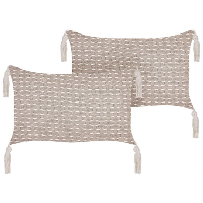 Image of Beliani Set Of 2 Decorative Cushions Hakone 45 X 25cm Taupe Geometric Pattern