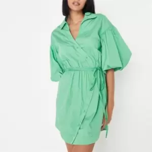 Image of Missguided Asymmetric Button Puff Sleeve Poplin Dress - Green