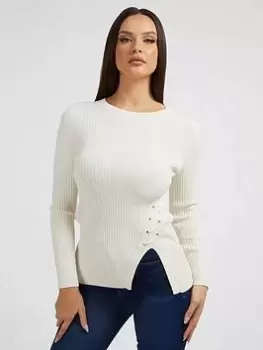 Image of Guess Stitch Detail Ribbed Knitted Sweater - Cream White, Cream, Size L, Women