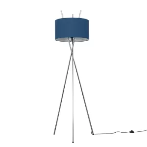 Image of Crawford Chrome Tripod Floor Lamp with XL Navy Blue Reni Shade