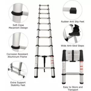 Image of Extra Wide Telescopic Ladder with Soft Close Design - 2.9m - Silver