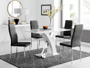 Image of Atlanta White High Gloss and Chrome 4 Seater Dining Table with X Shaped Legs and 4 Soft Velvet Milan Chairs