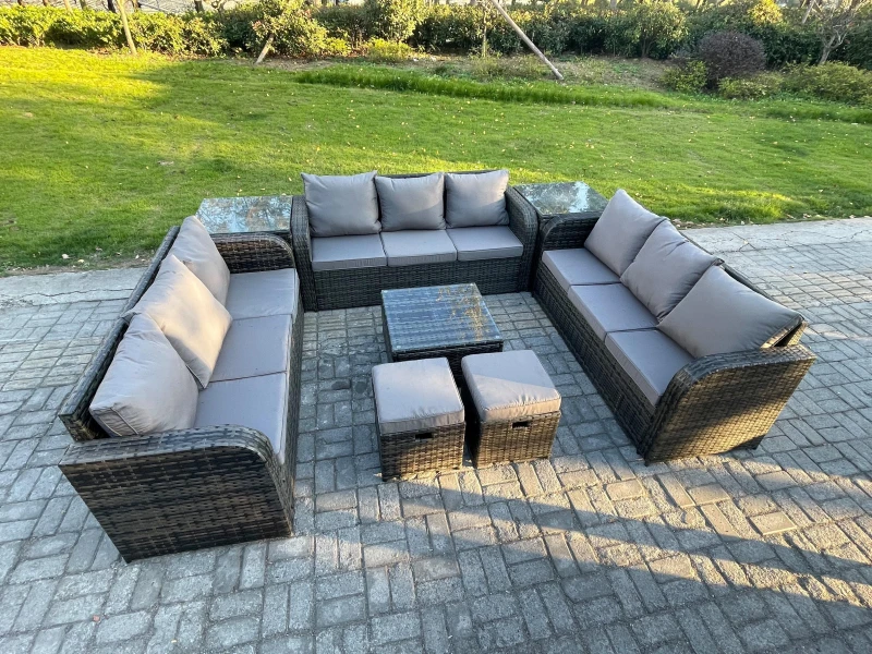 Image of Fimous 11 Seater Rattan Outdoor Furniture Set Patio Garden Sofa Set with Square Coffee Table 3 Seater Sofa 2 Small Footstools Dark Grey