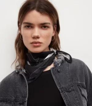 Image of AllSaints Womens Silk Grid Bandana, Black and White