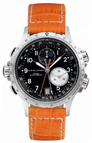 Image of Hamilton Mens Khaki ETO Flyback Orange Leather Strap Watch